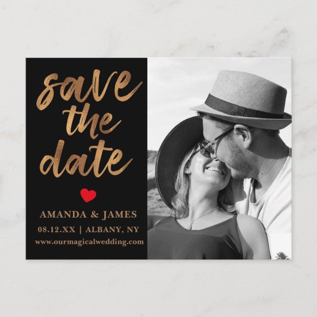 Black & White Cooper Faux Foil Photo Save The Date Announcement Postcard (Front)