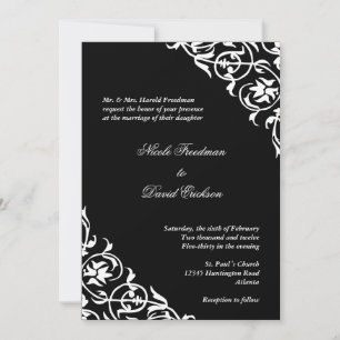 Black white corner scroll script elegant wedding invitation