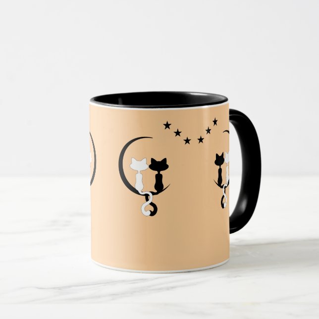 Black & White Couple Cats Under Crescent Moon Mug (Front Right)