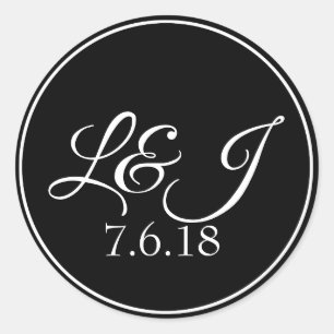 Black & White Couple's Initals & Wedding Date Classic Round Sticker