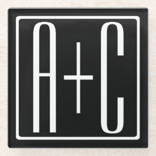 Black & White   Couples Initials Glass Coaster