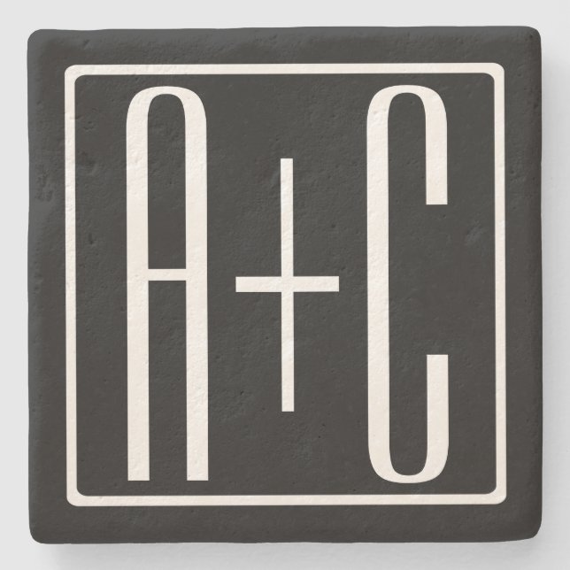 Black & White | Couples Initials Stone Coaster (Front)