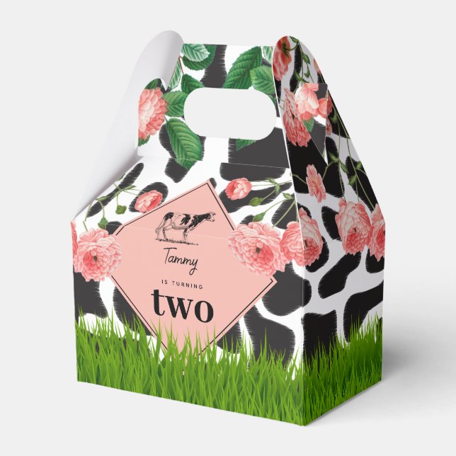 Black & White Cow Farm Animal Birthday Party Pink Favor Box (Front Side)