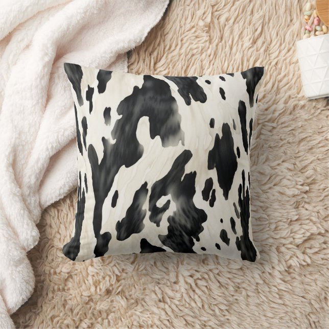 Black White Cow Print Animal Farm Throw Pillow (Blanket)