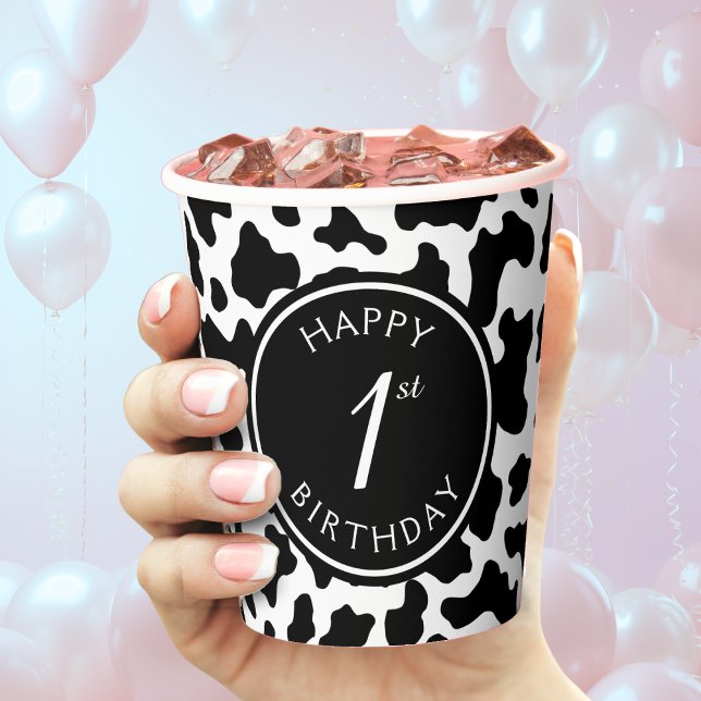 Black & White Cow Print Cowboy First 1st Birthday Paper Cups (cow print first birthday party paper cup)