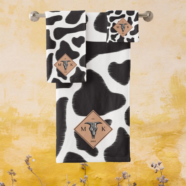 Black & White Cow Spot Animal Pattern Monogram Bath Towel Set (Creator Uploaded)