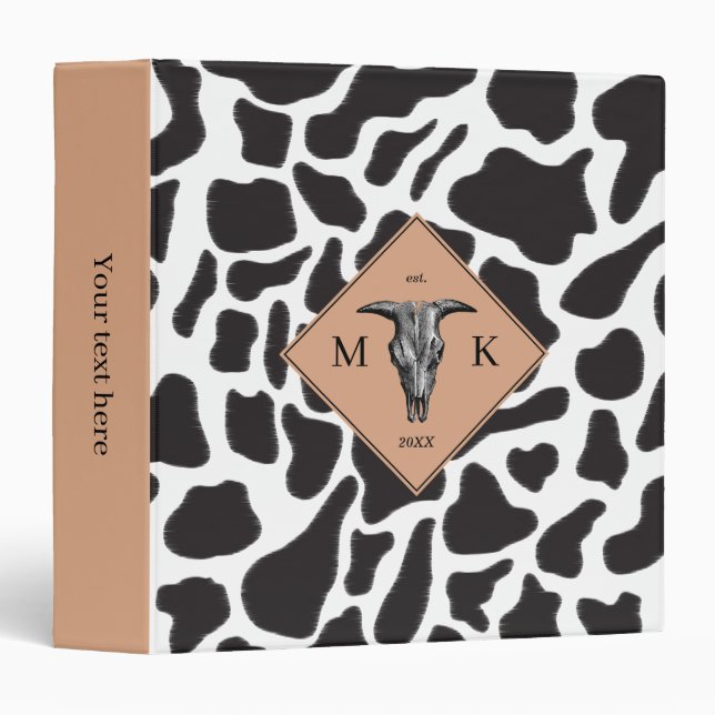 Black & White Cow Spot Animal Pattern Monogram Binder (Front/Spine)