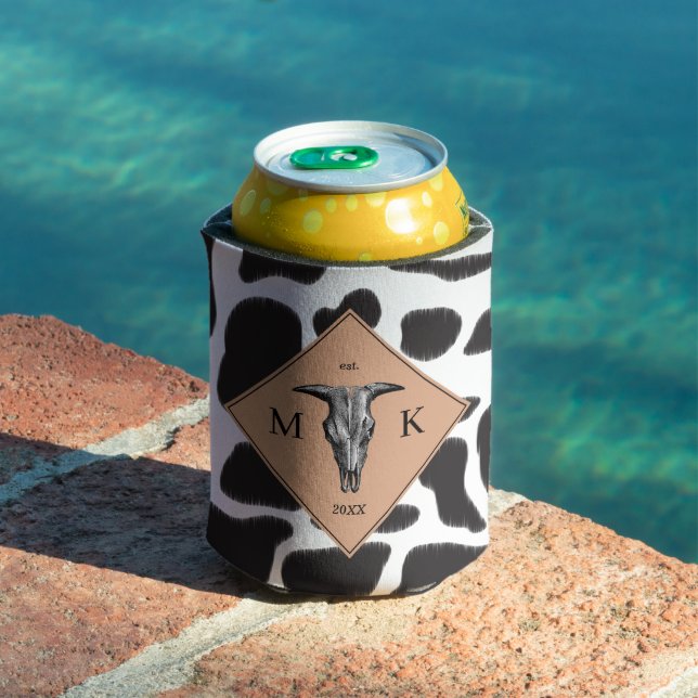 Black & White Cow Spot Animal Pattern Monogram Can Cooler (In Situ Pool)