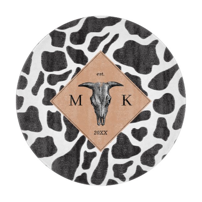 Black & White Cow Spot Animal Pattern Monogram Cutting Board (Front)