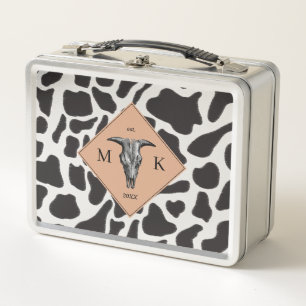 Black & White Cow Spot Animal Pattern Monogram Metal Lunch Box