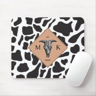 Black & White Cow Spot Animal Pattern Monogram Mouse Pad