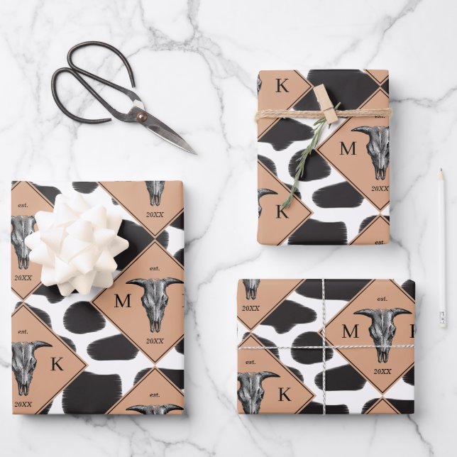 Black & White Cow Spot Animal Pattern Monogram Wrapping Paper Sheet (Front)