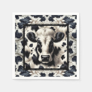Black & White Cow Spots Furry Cowhide Birthday Napkin