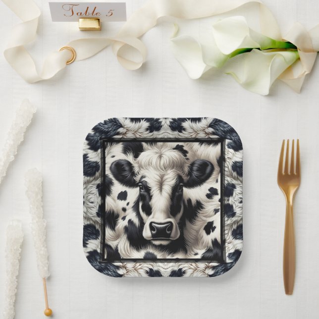 Black & White Cow Spots Furry Cowhide Birthday Paper Plate (Wedding)