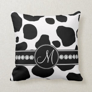 Black White Cow Spots Monogrammed Throw Pillow