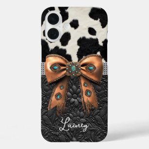 Black White Cowhide Leather Jewelled Bow iPhone 16 Plus Case