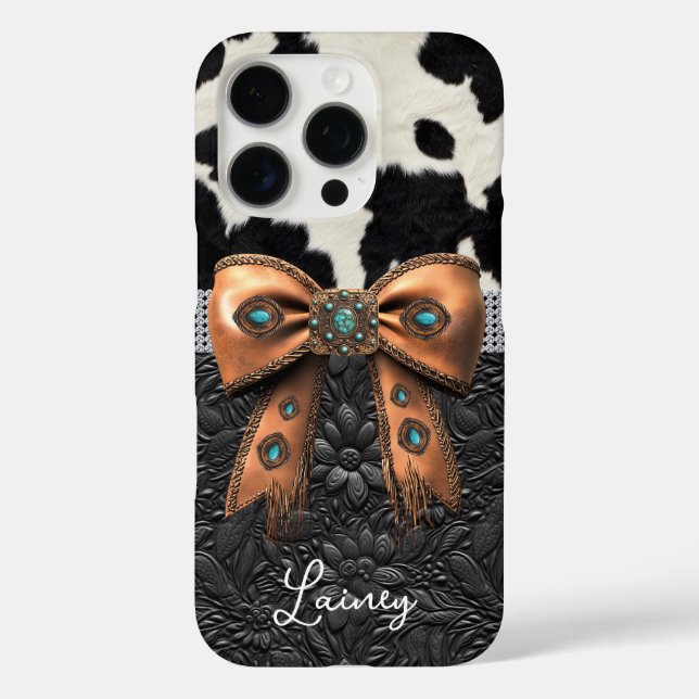 Black White Cowhide Leather Jewelled Bow Case-Mate iPhone Case (Back)