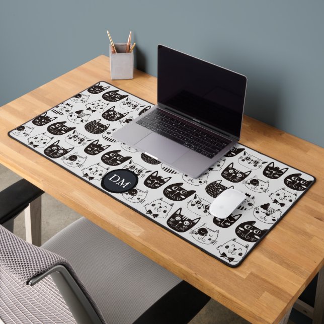 Black White Crazy Cat Faces Monogram Desk Mat (Office 2)