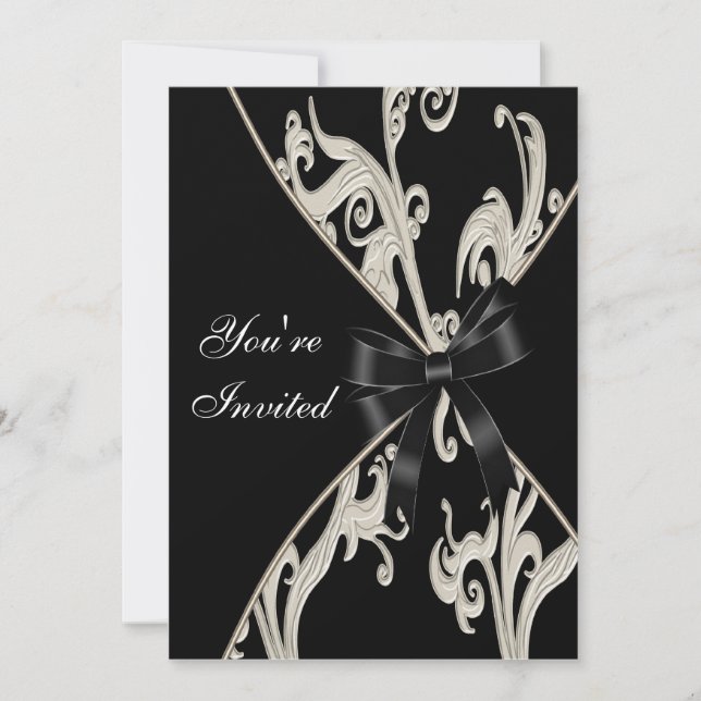 Black White Cream Swirl Party Invitation Template (Front)