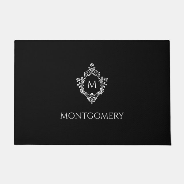 Black & White Crest Elegant Monogram Initial Name Doormat (Front)