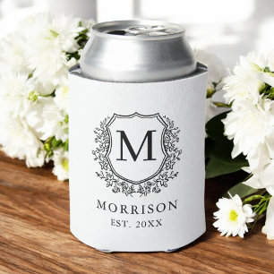 Black White Crest Modern Monogram Wedding Can Cooler