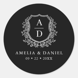 Black White Crest Modern Monogram Wedding  Classic Round Sticker