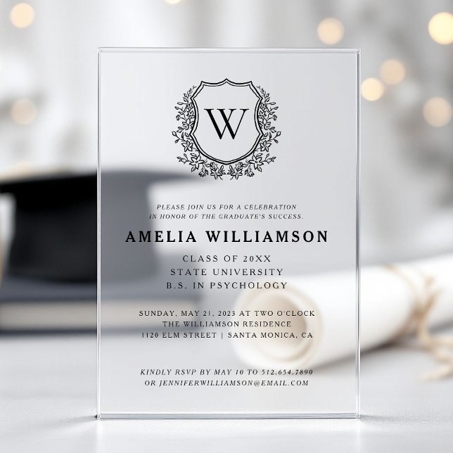 Black White Crest Monogram Graduation Party Acrylic Invitations (Creator Uploaded)