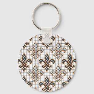 Black White Crosshatch Polka Dots Fleur-de-lis Keychain