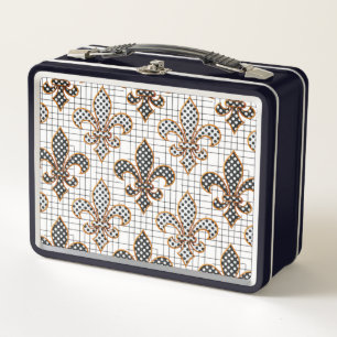 Black White Crosshatch Polka Dots Fleur-de-lis  Metal Lunch Box