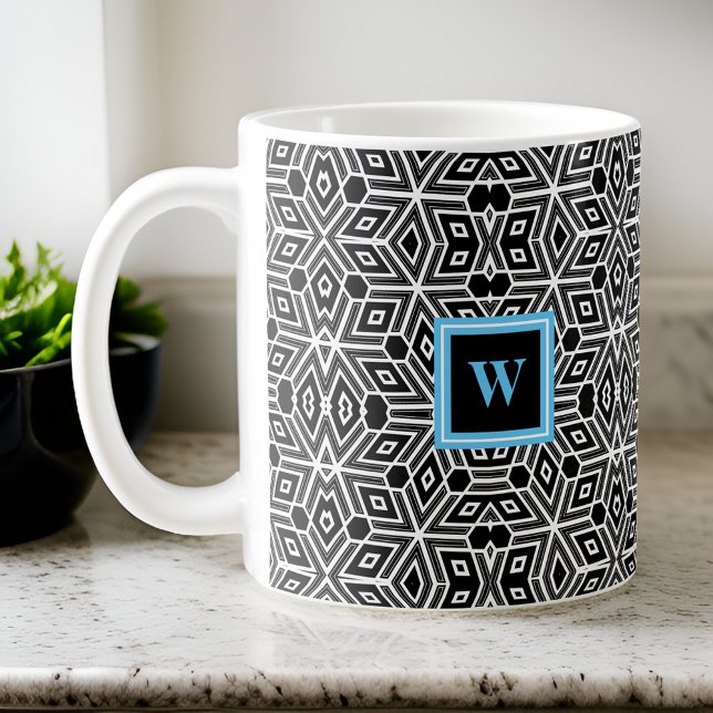 Black White Cubism Neo Geo with Lt Blue Monogram Coffee Mug (Creator Uploaded)