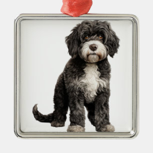 BLACK & WHITE CURLY PORTUGESE WATER DOG METAL ORNAMENT