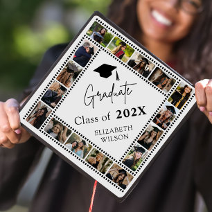 Black White Custom Elegant Modern Script Graduation Cap Topper