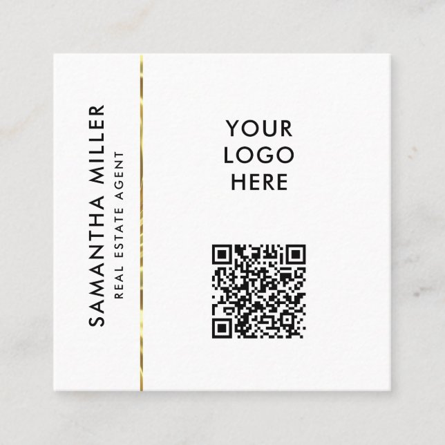 Black White Custom Logo QR Code Minimal Modern Square Business Card (Front)