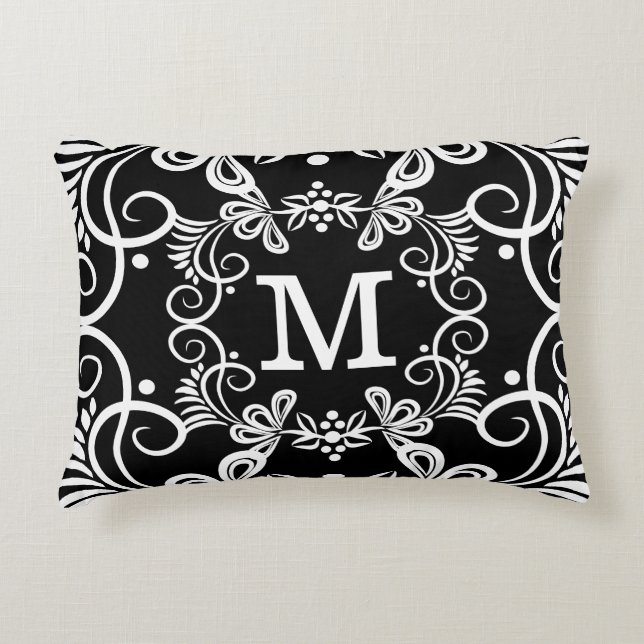 Black White Custom Monogram Decorative Decorative Pillow (Front)