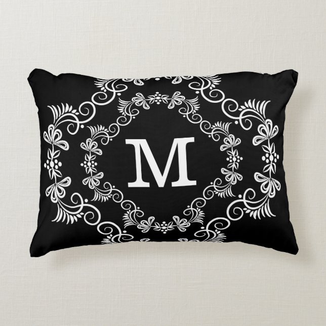 Black White Custom Monogram Decorative Decorative Pillow (Front)
