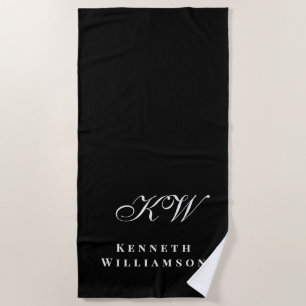 Black White Custom Monogram Minimalist Elegant Men Beach Towel