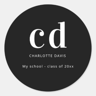 Black white custom monogram name modern minimalist classic round sticker