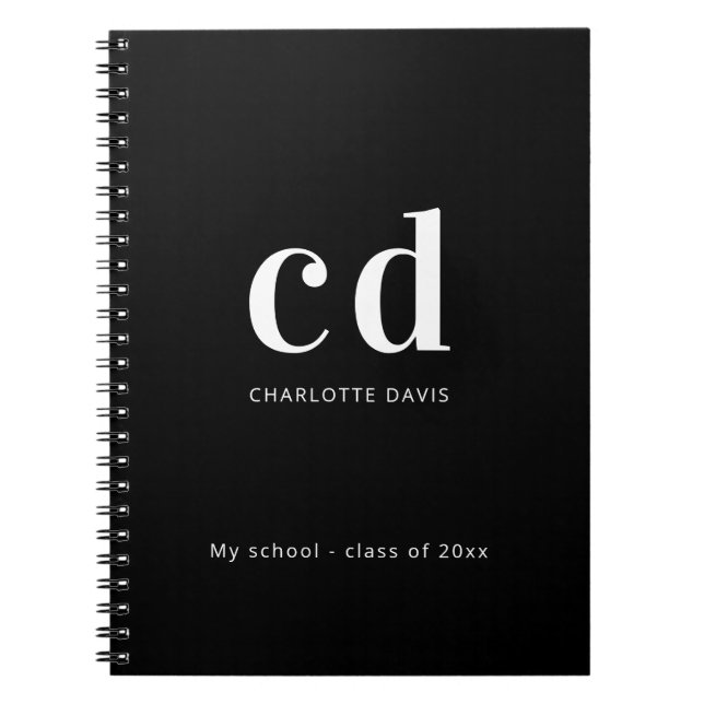 Black white custom monogram name modern minimalist notebook (Front)