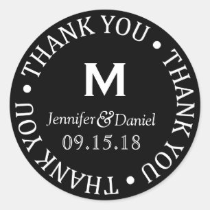 Black White Custom Monogram Names Date Thank You Classic Round Sticker