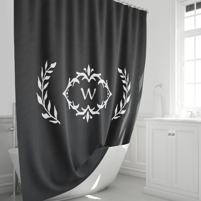 Black & White Custom Monogrammed Initial Wreath  (Stylish Black & White Custom Monogrammed Initial Laurel Wreath Shower Curtain)