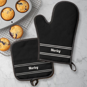 Black & White Custom Name Cooking Baking Oven Mitt & Pot Holder Set