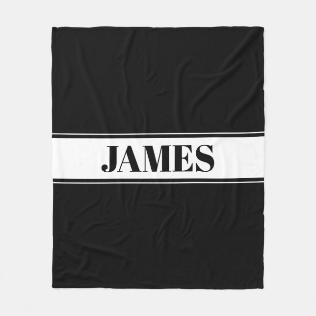 Black & White Custom Name Stripe Fleece Blanket (Front)