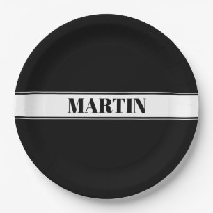 Black & White Custom Name Stripe Paper Plate