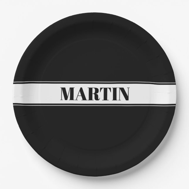 Black & White Custom Name Stripe Paper Plate (Front)