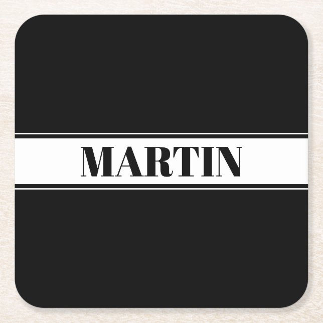 Black & White Custom Name Stripe Square Paper Coaster (Front)