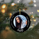 Black white custom photo birthday ceramic ornament<br><div class="desc">A classic black background. Personalize and add a name,  date,  age and photo.</div>