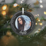 Black white custom photo birthday glass ornament<br><div class="desc">A classic black background. Personalize and add a name,  date,  age and photo.</div>