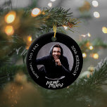Black white custom photo man guy birthday ceramic ornament<br><div class="desc">A classic black background. Personalize and add a name,  date,  age and photo.</div>