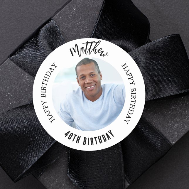 Black white custom photo man guy birthday classic round sticker (Creator Uploaded)