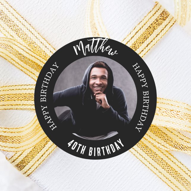 Black white custom photo man guy birthday classic round sticker (Creator Uploaded)